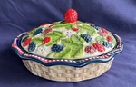 Temptations Mini Pie Dish Figural Fruit Mixed Berry Ceramic Embossed Scallop Lid. Fixed Price $24.99.