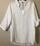 Rosemarine 100% Linen Top High/low Tunic Roll Up Sleeve Ruffle Italy White Sz. Fixed Price $28.99.