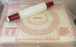 Vintage 1965 Tupperware Pastry Pie Tart Mat Fill Chill Red Rolling Pin Dart. Fixed Price $40.00.