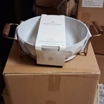 Hearth & Hand Magnolia 3QT White Stoneware Round Baking Dish With Wood Holder. Fixed Price $26.00.