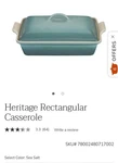 Creuset Stoneware Heritage Covered Rectangular Casserole, 4 Qt. (12" X 9"),. Fixed Price $109.99.