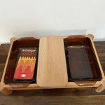 Anchor Hocking Bake Set Two 1 Qt Loaf Pans Wood Serving Tray Trivet Divider. Fixed Price $49.99.