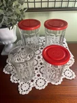 Luminarc Working Glass - 4 Clear Tumblers W/ 3 Red Covers Lids (missing Lid). Fixed Price $41.50.