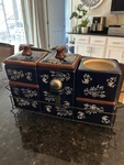 Temptations Dark Blue Floral Lace 5 Stackable Canisters Set & Rack Stand. Fixed Price $40.00.