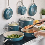 Kitchenaid Hard-anodized Ceramic Non-stick Cookware Set, 11-PIECE, Blue, New. Fixed Price $253.99.