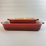 Creuset Of 2 Red Ombr Stoneware Rectangular Casserole Baking Pan Dishes. Fixed Price $59.00.
