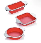 Boxiki Kitchen 9 Inch Non-stick Silicone Round Cake Pan With Steel Frame Handles. Fixed Price $32.99.