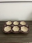 Temptations By Tara Floral Lace Muffin Pan 6 Cup Brown Ceramic Oven Safe Bakewar. Fixed Price $24.00.