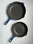 Creuset Blue/grey Enameled Cast Iron Classic Round Skillet Fry Pan 9" & 7.5. Fixed Price $89.87.
