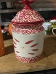 Temptations By Tara Old World Red Canister With Lid Hand Painted 2 Quart. Fixed Price $25.00.