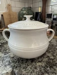 Creuset White 4 Qt 7.5" Bean Pot Stoneware Loop Handle Heritage Rare. Fixed Price $135.00.