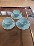 Set Of 3 Poppytrail California Blue Cups & Saucers Mcm Pottery, Bamboo Handle. Fixed Price $45.00.